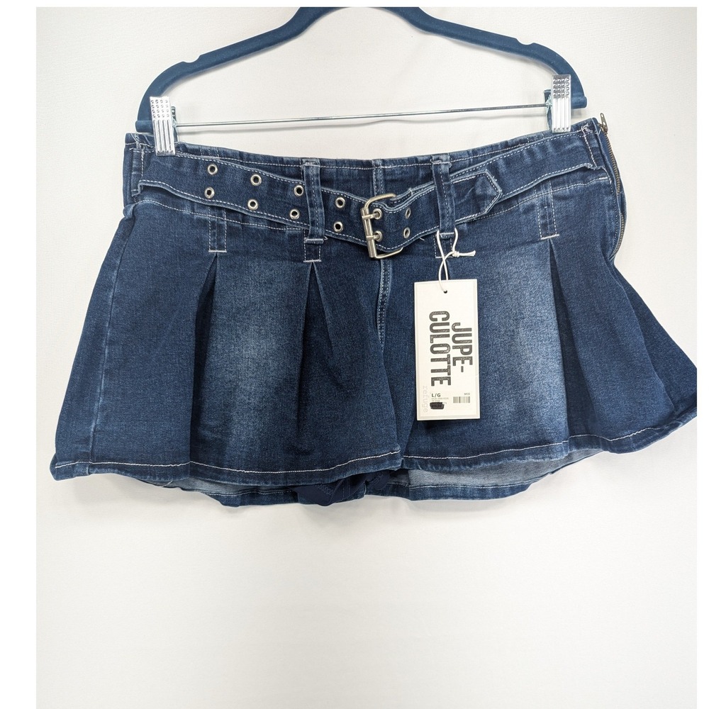 Refuge Jupe-Culotte Dark Wash Pleated Denim Skort with Grommet Belt Large